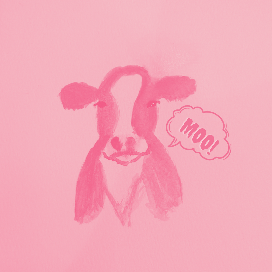 pink cow with a speech bubble that says moo